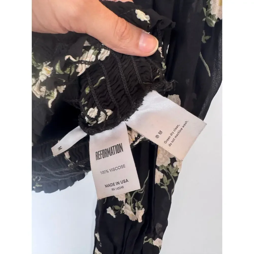 Reformation Milan Smocked Crop Top blouse Black Floral medium smocked romantic